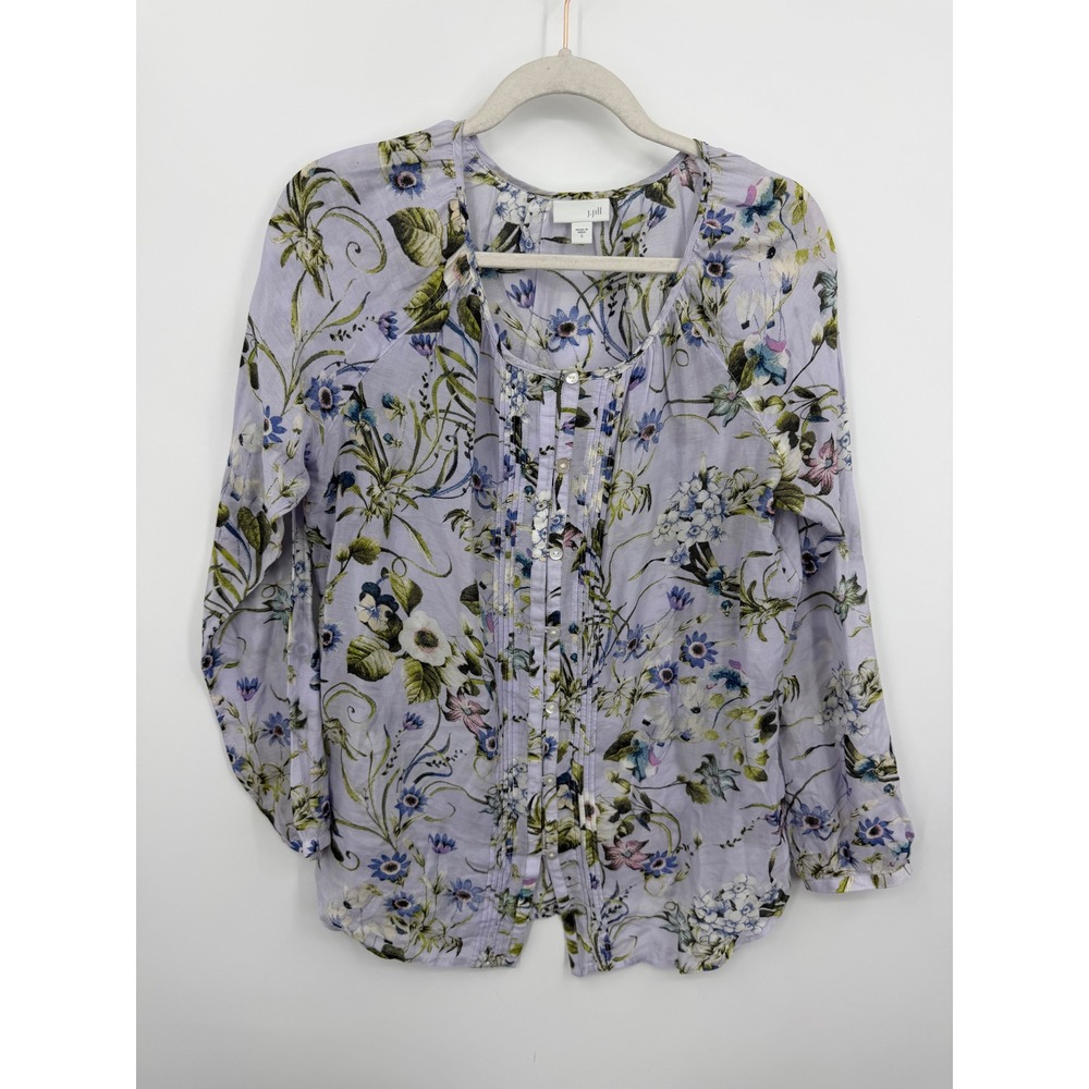 J. Jill Floral Pintuck Blouse Women Small Lavender Cotton Silk Long Sleeve Top